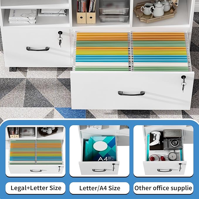 2 Drawer Wood Mobile Large Lateral File Cabinet, Lockable Rolling Filing Cabinet with Storage Shelves, Printer Stand Office Storage Cabinet for Home Office Fits Files Legal/A4, White