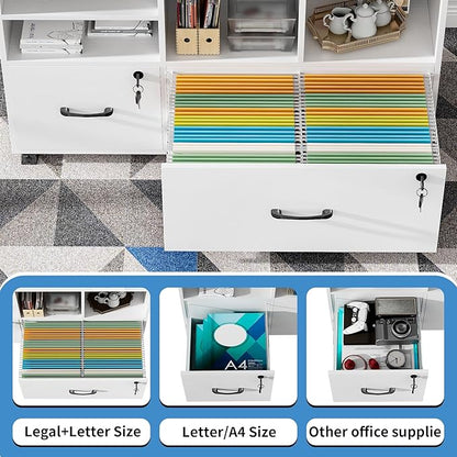 2 Drawer Wood Mobile Large Lateral File Cabinet, Lockable Rolling Filing Cabinet with Storage Shelves, Printer Stand Office Storage Cabinet for Home Office Fits Files Legal/A4, White