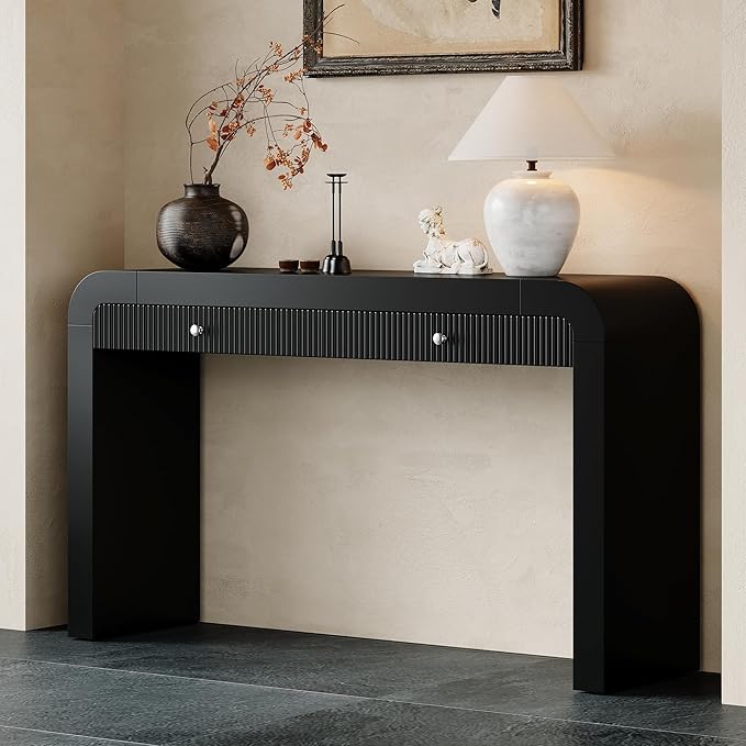 54.3" Rustic Console Table with Fluted Drawer Front,Entryway Table with Curved Corners & Thick Legs,Sturdy Sofa Table for Hallway & Living Room,Black