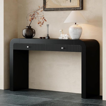 54.3" Rustic Console Table with Fluted Drawer Front,Entryway Table with Curved Corners & Thick Legs,Sturdy Sofa Table for Hallway & Living Room,Black