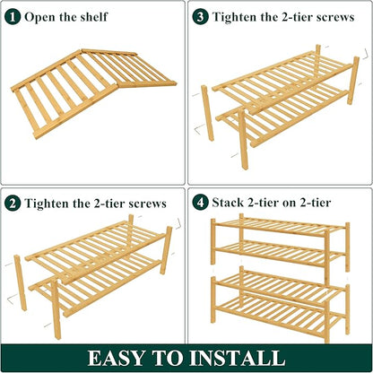 Smiry Bamboo Shoe Rack for Closet, 4 Tier Wooden Stackable Shoe Organizer, Free Standing Shoes Storage Shelf for Entryway, Front Door Entrance, Natural