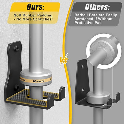 Barbell Wall Holder, Durable Olympic Barbell Hanger with Protective Pad, Space Saving Barbell Holder for Squat Rack, Home Gym and Garage, Holds Under 33mm Bar Size