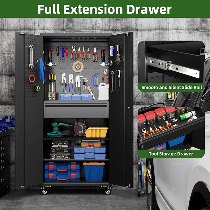 Garage Storage Cabinet with Wheels, 5 Pegboards and 1 Drawer, 71" H Lockable Metal Storage Cabinet with 2 Adjustable Shelves and 16 Hooks for Garage,Warehouse, Assembly Required,Black