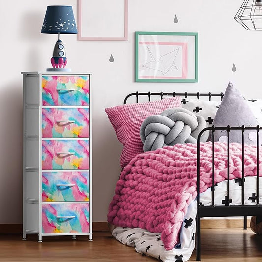 Sorbus Kids Dresser with 5 Drawers - Storage Chest Organizer Nightstand - Steel Frame, Wood Top, Tie-Dye Fabric Bins for Clothes - Wide Furniture for Bedroom, Hallway, Nursery, Closet, & Apartment