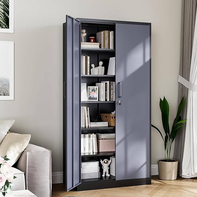 Metal Storage Cabinet, 71 Inch Tall with Adjustable Shelves & Locking Doors, Tool Cabinets for Garage, Office, Home, School, Gym Storage (Grey Black)