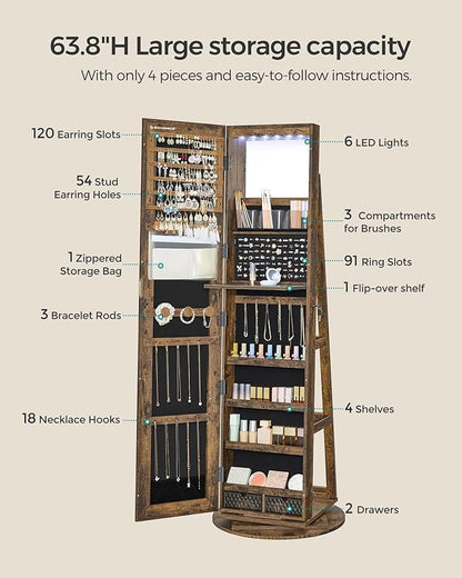 SONGMICS 6 LEDs Lockable Mirror Jewelry Cabinet, 360° Swivel Jewelry Organizer Armoire Standing, Frameless Full-Length Mirror, 3 Storage Shelves, Rustic Brown Surface, Black Lining UJJC007X01