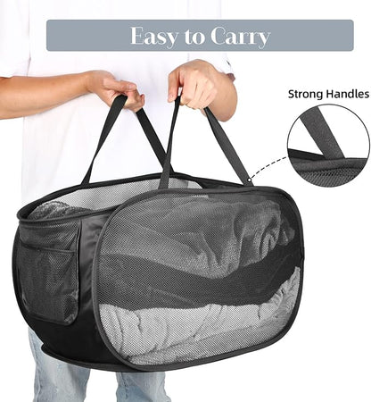 Durable Collapsible Laundry Baskets, Mesh Pop Up Laundry Hamper with Side Pocket, Foldable Clothes Hamper with Reinforced Carry Handles for Laundry, Bathroom, Kids Room, Dorm or Travel 2 Pack Black