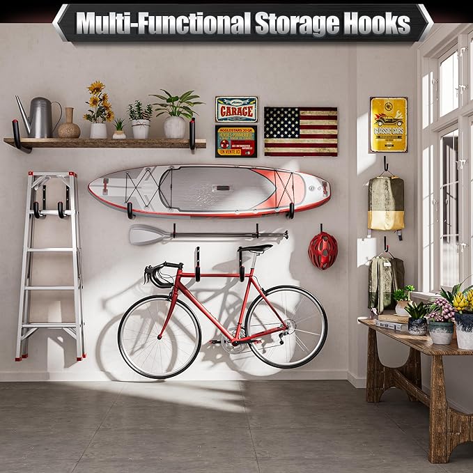 Nacial 10 Pack Garage Hooks Heavy Duty, 15" & 3.5" Kayak Storage Hooks with EVA Pads, 100LBS Capacity Large Garage Hooks for Hanging Bikes, Kayak Folding Chairs and Hanging Ladders