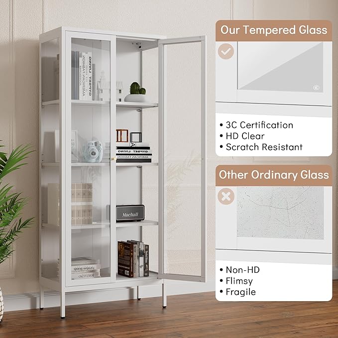 Glass Display Cabinet with Glass Doors, White Curio Cabinet with 3 Side Tempered Glass, 66" Tall Bookcase Display Case for Collectibles, Metal Storage Cabinet for Living Room, Assemble Required