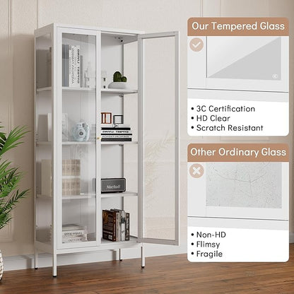 Glass Display Cabinet with Glass Doors, White Curio Cabinet with 3 Side Tempered Glass, 66" Tall Bookcase Display Case for Collectibles, Metal Storage Cabinet for Living Room, Assemble Required
