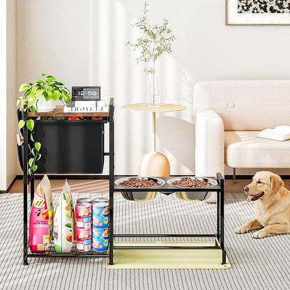 Elevated Dog Bowl Stand with Toy Basket Adjustable Metal Feeding Station Cabinet with Non-Slip Silicone Mat Pet Storage Organizer for Large Medium Small Dogs and Cats Black Include 2 Dog Bowl