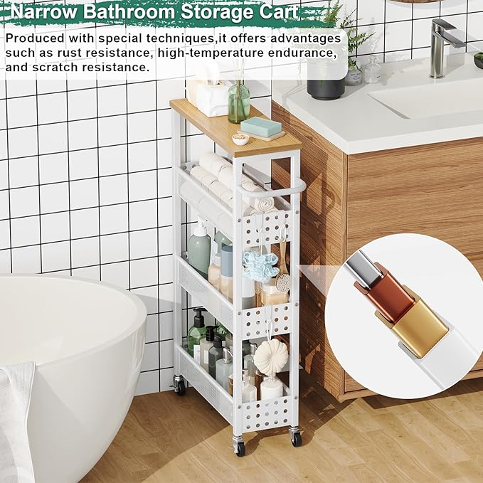 Slim Rolling Storage Cart, Laundry Room Organization and Storage Shelves for Between Washer and Dryer, Narrow Shelf Unit for Small Spaces, 4 Tier Thin Organizer Carts with Wheels for Bathroom, Kitchen