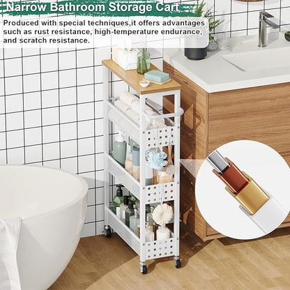 Slim Rolling Storage Cart, Laundry Room Organization and Storage Shelves for Between Washer and Dryer, Narrow Shelf Unit for Small Spaces, 4 Tier Thin Organizer Carts with Wheels for Bathroom, Kitchen