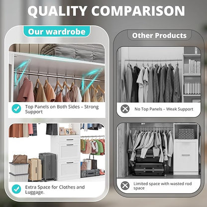 Walk in Closet Organizer System - with Drawers, 8FT Walk in Closets Organizer with Jewelry Box, 96” Wooden Storage Systems with 3 Hanging Pods, Built-in Garment Rack for Bedroom