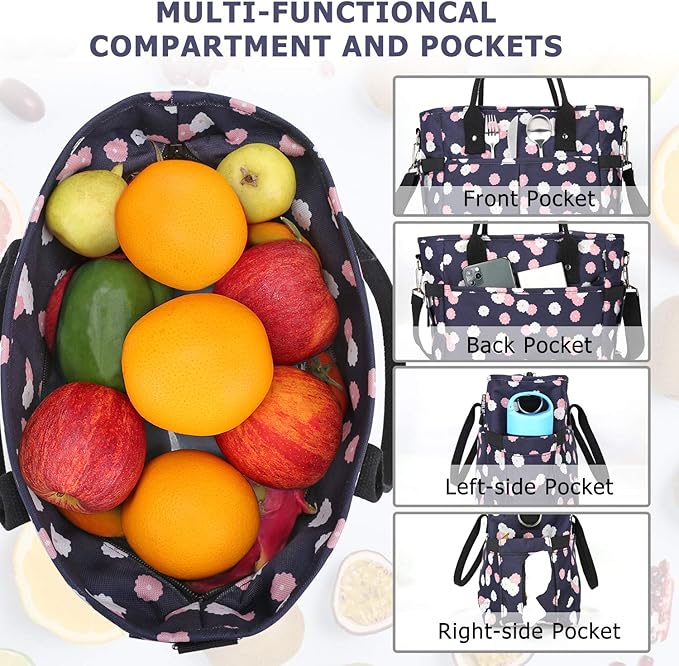 KIPBELIF Cute&Classy Roomy Insulated Lunch Bags for Women - Stylish & Functional Large Tote Adult Lunch Box for Working & Picnic (Dark Blue Plum, L)