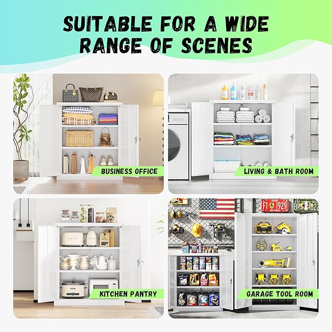 Bonusall Metal Garage Storage Cabinet, 36" H Locking Cabinets with 2 Adjustable Shelves,2 Door Small Pantry Storage for Home Office, Kitchen, Bathroom(White)