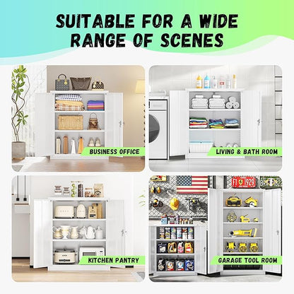 Bonusall Metal Garage Storage Cabinet, 36" H Locking Cabinets with 2 Adjustable Shelves,2 Door Small Pantry Storage for Home Office, Kitchen, Bathroom(White)