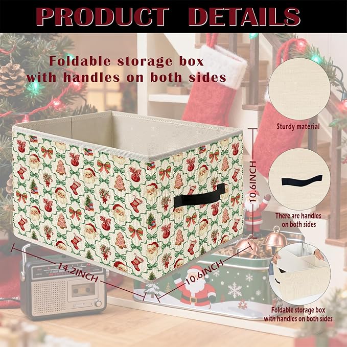 Red and Green Coquette Bow Santa Trellis Christmas Storage Bin Box with Handles, Gingerbread Stocking Tree Holiday Foldable Organizer Basket Toybox for Girls Room Bedroom Clothes Toys Books