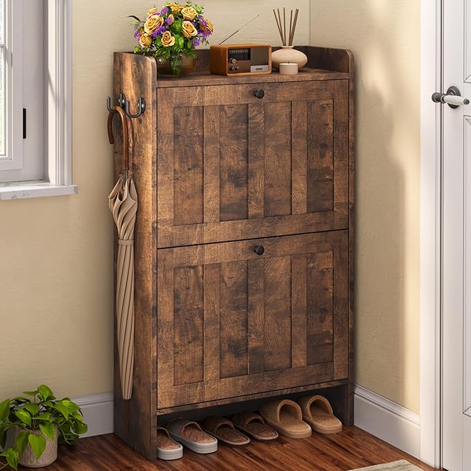 Gizoon Shoe Cabinet with 2 Flip Drawers, Shoe Organizer Storage for Entryway, Freestanding Narrow Rack Cabinet with Space-Saving, for Hallway, Retro