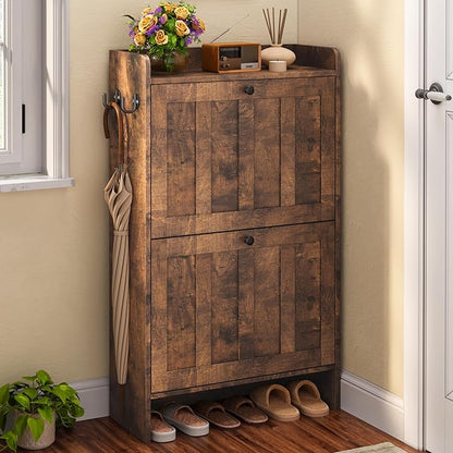 Gizoon Shoe Cabinet with 2 Flip Drawers, Shoe Organizer Storage for Entryway, Freestanding Narrow Rack Cabinet with Space-Saving, for Hallway, Retro