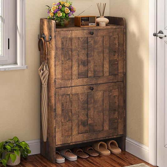 Gizoon Shoe Cabinet with 2 Flip Drawers, Shoe Organizer Storage for Entryway, Freestanding Narrow Rack Cabinet with Space-Saving, for Hallway, Retro