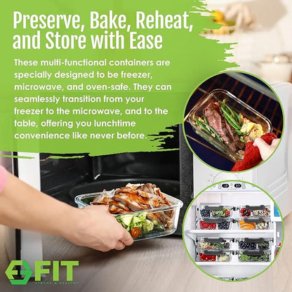 FIT Strong & Healthy Glass Meal Prep Containers, 2 & 3 Compartments – 32 oz Glass Containers with Lids, Food Storage with Black Lids, Oven & Freezer Safe, Leak-Proof Bento Box Adult, 4 Pack