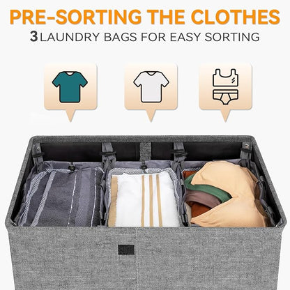 WOWLIVE Laundry Hamper with Lid,180L Large Laundry Basket 3 Section with Removable Washing Bags,Collapsible Waterproof Dirty Clothes Hamper for Laundry Room Bathroom Dorm,Gray