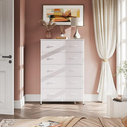WLIVE Fabric Dresser for Bedroom with 10 Drawers, Tall Chest of Drawers, White Dressers Bedroom Furniture, Dresser for Closet, Hallway, Living Room, Entryway