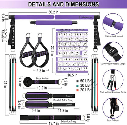 Portable Pilates Bar Kit with Resistance Bands for Men and Women - 3 Set Exercise Resistance Bands - Multifunctional Home Gym - Supports Full-Body Workouts – with Fitness Poster and Video