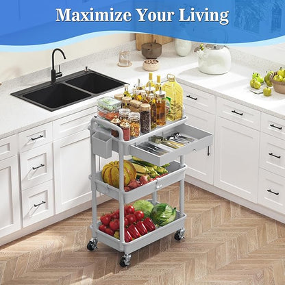 3 Tier Rolling Cart with Drawer, Bathroom Storage Organizer with 2 Lockable Wheels, Multifunctional Rolling Storage Cart for Bathroom, Kitchen, Office, Craft, Makeup, Baby Essentials, Gray