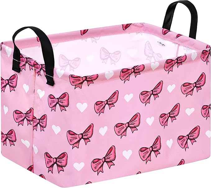 Rectangle Pink Bowknot Gift Storage Basket Home Shelf Storage Basket Organizer Box Clothes Laundry Hamper Nursery Basket Laundry Basket with Handles