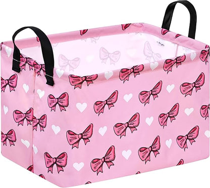 Rectangle Pink Bowknot Gift Storage Basket Home Shelf Storage Basket Organizer Box Clothes Laundry Hamper Nursery Basket Laundry Basket with Handles