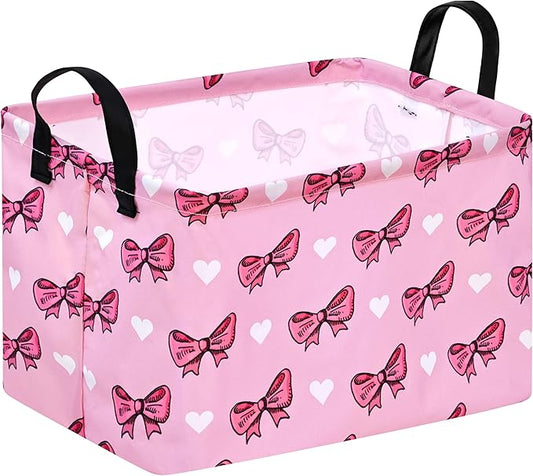 Rectangle Pink Bowknot Gift Storage Basket Home Shelf Storage Basket Organizer Box Clothes Laundry Hamper Nursery Basket Laundry Basket with Handles