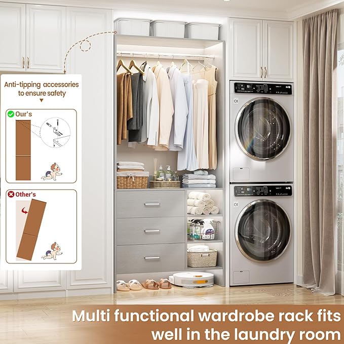 Aheaplus Closet System with 3 Drawers and Shelves, 29.6’’ Closet Organizer, 2.5FT Wood Closet Organizer System, Walk-in Closet or Small Closets Wardrobe, Clothes Rack with Hanging Rods,-E3, Grey