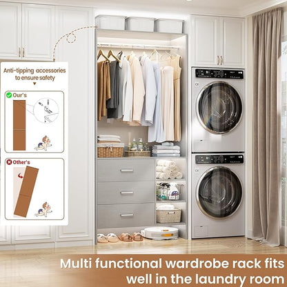 Aheaplus Closet System with 3 Drawers and Shelves, 29.6’’ Closet Organizer, 2.5FT Wood Closet Organizer System, Walk-in Closet or Small Closets Wardrobe, Clothes Rack with Hanging Rods,-E3, Grey