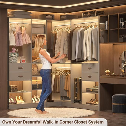 Armocity Corner Closet System, 32 Inches Wide Wood Corner Unit with 2 Hanging Rods and All Hardware Kits, 3-Tier 80'' Height Corner Wood Closet Tower, Grey