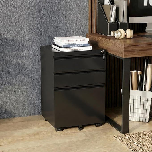 Bonusall Fully Assembled 3-Drawer Metal File Cabinet with Lock - Mobile Under Desk Filing Cabinet for Legal/Letter/A4 Size, Anti-Tilt Mechanism, Pre-Installed Office Storage, Black