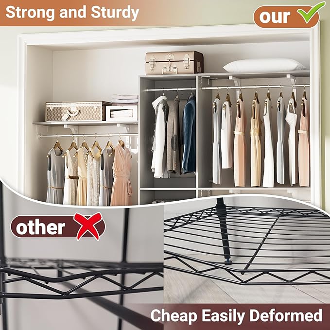 96 Inch Hanging Closet System, 8 FT Closet Organizer System with Hanging Rod, Walk In Mounted Closet System, Built-In Clothes Garment Rack with 3 Shelving Towers(Can Be Cut To Fit), Gray