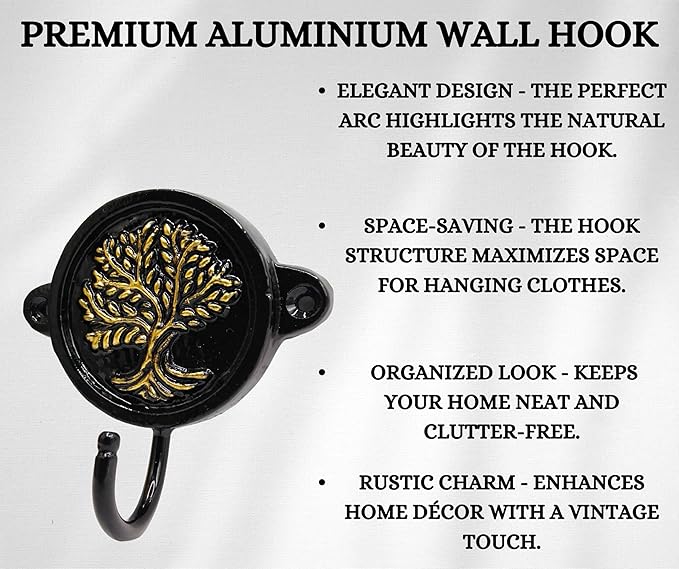Aluminium Tree of Life Print (1-Pack) Single Wall Hooks, Black Tree of Life Themed Hooks for Hanging Leash-Wall Mount Hanger, Organization Decorative Wall Hook (Tree of Life)