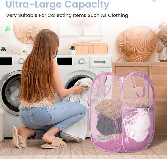 2 Pack Strong Mesh Pop-up Laundry Hamper, Quality Pop Up Hampers for Laundry with Durable Handles Solid Bottom High Carbon Steel Frame, Easy to Open and Fold Flat for Storage(Light Pink)