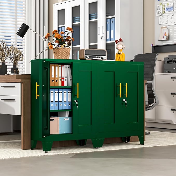 Green Sideboard Buffet Cabient, 35.83" Steel Kitchen Pantry Storage Cabinet with 2 Doors and 2 Adjustable Shelves, Bathroom Floor Storage, Freestanding Cupboard for Office/Kitchen/Home