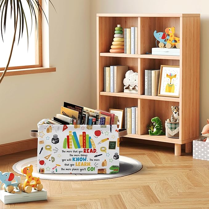 Reading Book Rectangle Storage Basket - Book Themed Collection Collapsible Storage Baskets with Handles - Reading Books Pattern Storages Bin for Kids Clothes, Gifts, Books,Toys