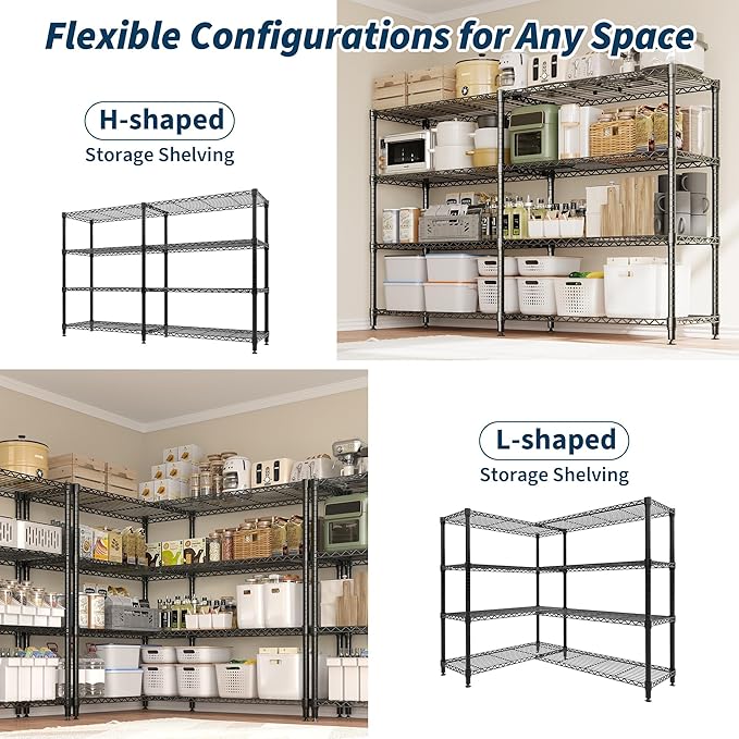 4-Tier Metal Storage Shelves, Adjustable Wire Shelving Unit for Garage, Pantry, Basement & Kitchen, Easy Assembly, 59" w x 13.8" d x 59.5" h, 265 Lbs Per Tier