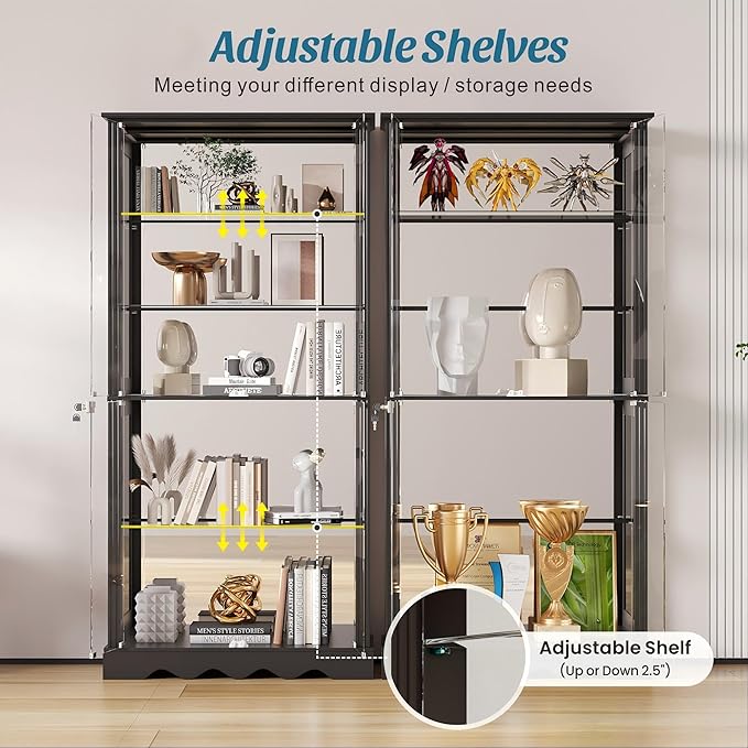Glass Display Cabinet with Doors, RGB Curio Cabinet with LED Lights for Collectibles, Display Case with Adjustable Shelf, Black