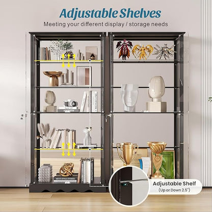 Glass Display Cabinet with Doors, RGB Curio Cabinet with LED Lights for Collectibles, Display Case with Adjustable Shelf, Black