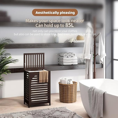 FILWH Laundry Hamper with Lid (16.9 * 13 * 26.5inches) Large Bamboo Laundry Bin Basket 85L Clothes Hamper with 1 Removable Bag Storage baskets for Bathroom(Brown)
