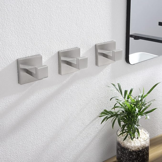 KOKOSIRI Bath Towel Hook Wall Mount Square Robe Hook Coat Hook Bathroom Kitchen Garage Heavy Duty SUS 304 Stainless Steel 3 Pack Brushed Nickel B1010BR-P3