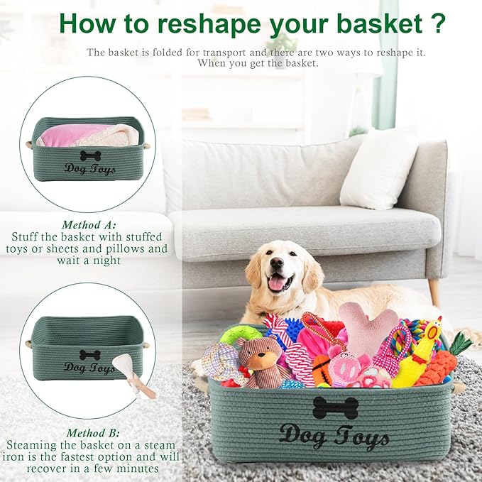 Dog Toy Basket-100% Cotton Rope Dog Toy Bin for Living Room Area-Trapezoid Pet Toys Box with Sturdy Handle-Puppy Bed-Dog Stuff Organizer for Toys,Collar,Leash,Blanket-Chew Proof -Green