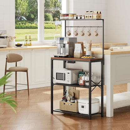 kitchen Bakers Rack with Power Outlet, Coffee Bar Table 4 Tiers, Microwave Stand with 6 S-shaped Hooks, Kitchen Storage Shelf Rack for Spices, Pots and Pans，25.6" L x 12" W x 53.5" H