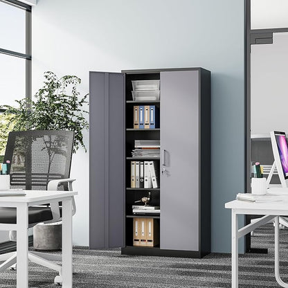 Metal Storage Cabinet-72” Tall Steel File Cabinets with Lockable Doors and 5 Adjustable Shelves-Black&Gray Steel Storage Cabinet for Home, School, Office, Garage